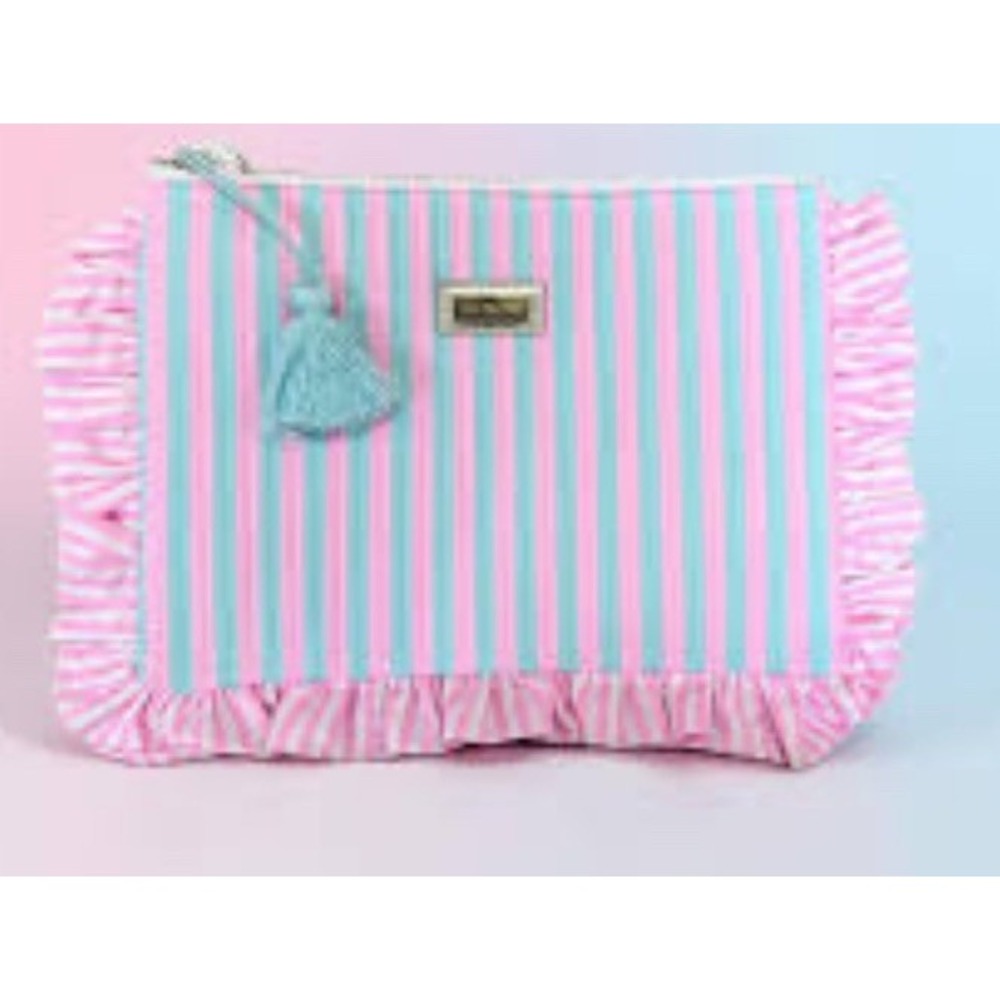 NEW Quilted Ruffle LILLY PULITZER Stripe Pencil Case TRAVEL COSMETIC PINK BLUE